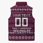 Personalized Sea Eagles Christmas Sleeveless Puffer Jacket Australian Rugby Fans - Pixelated Ugly Xmas Pattern Mascot Santa