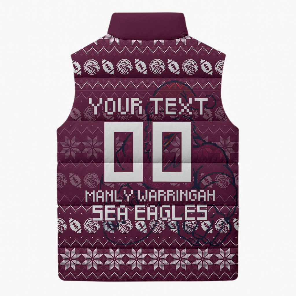 Personalized Sea Eagles Christmas Sleeveless Puffer Jacket Australian Rugby Fans - Pixelated Ugly Xmas Pattern Mascot Santa