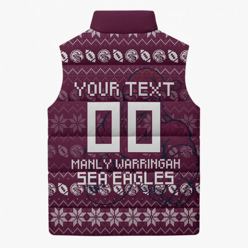Personalized Sea Eagles Christmas Sleeveless Puffer Jacket Australian Rugby Fans - Pixelated Ugly Xmas Pattern Mascot Santa