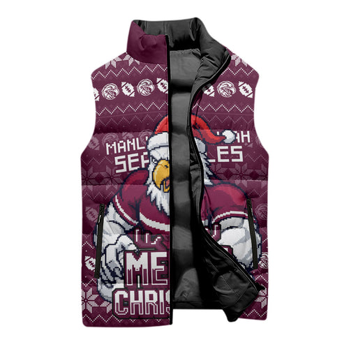 Personalized Sea Eagles Christmas Sleeveless Puffer Jacket Australian Rugby Fans - Pixelated Ugly Xmas Pattern Mascot Santa