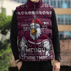 Personalized Sea Eagles Christmas Sleeveless Puffer Jacket Australian Rugby Fans - Pixelated Ugly Xmas Pattern Mascot Santa