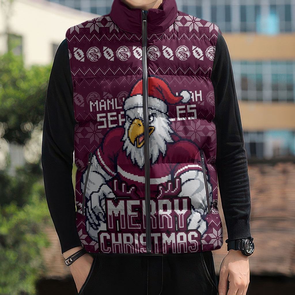Personalized Sea Eagles Christmas Sleeveless Puffer Jacket Australian Rugby Fans - Pixelated Ugly Xmas Pattern Mascot Santa