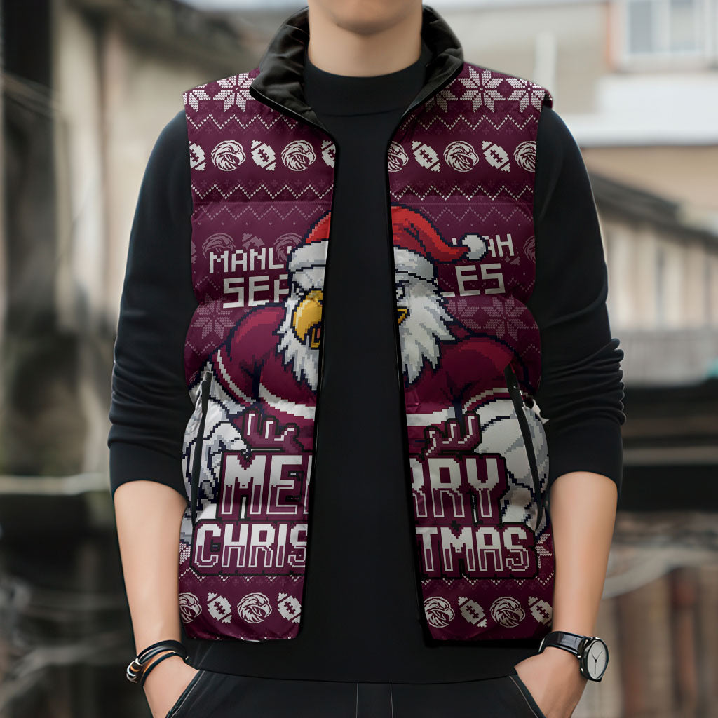 Personalized Sea Eagles Christmas Sleeveless Puffer Jacket Australian Rugby Fans - Pixelated Ugly Xmas Pattern Mascot Santa