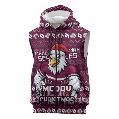 Personalized Sea Eagles Christmas Sleeveless Zip Hoodie Australian Rugby Fans - Pixelated Ugly Xmas Pattern Mascot Santa