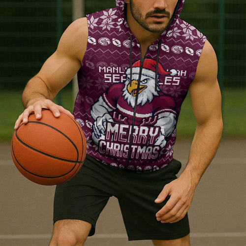 Personalized Sea Eagles Christmas Sleeveless Zip Hoodie Australian Rugby Fans - Pixelated Ugly Xmas Pattern Mascot Santa