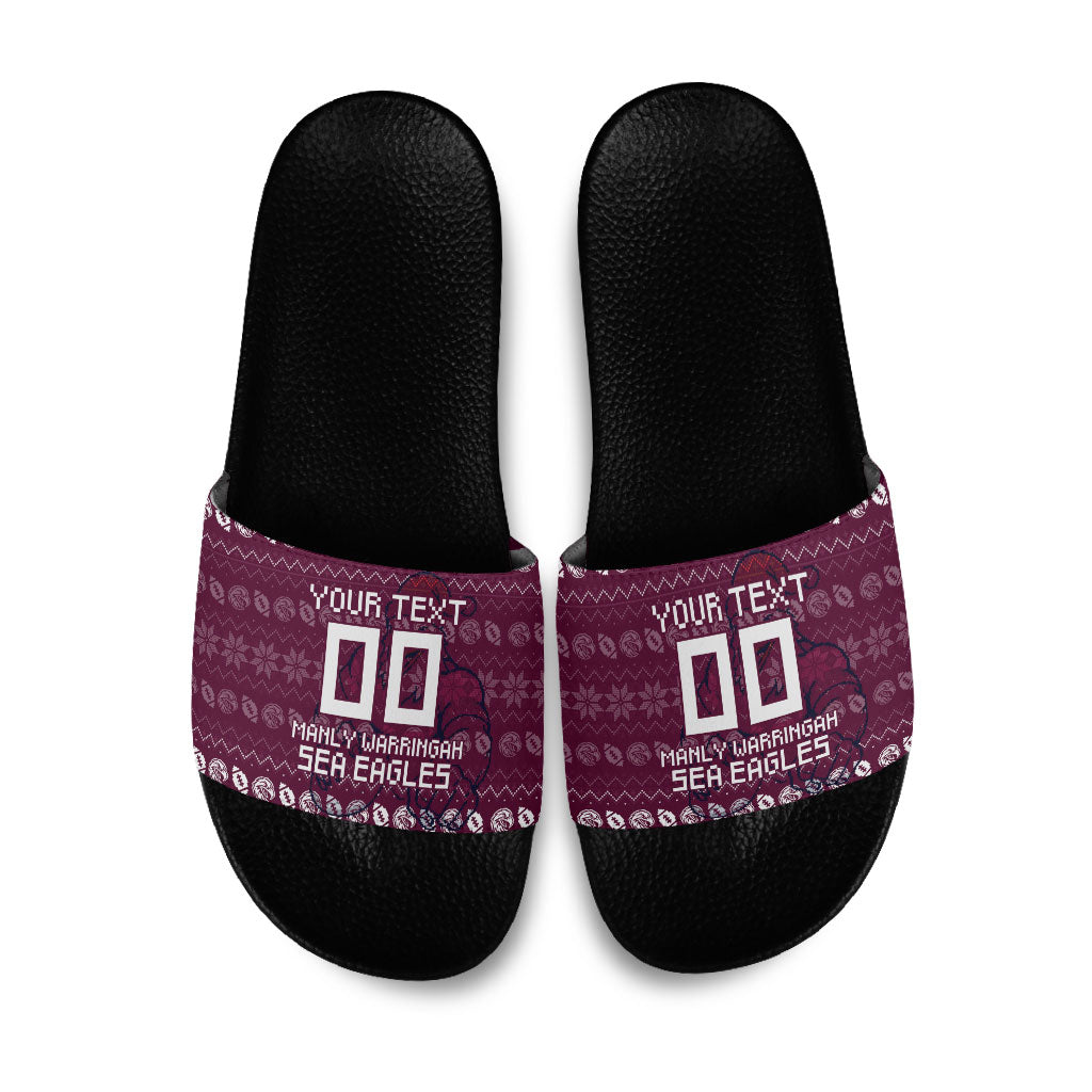 Personalized Sea Eagles Christmas Slide Sandals Australian Rugby Fans - Pixelated Ugly Xmas Pattern Mascot Santa
