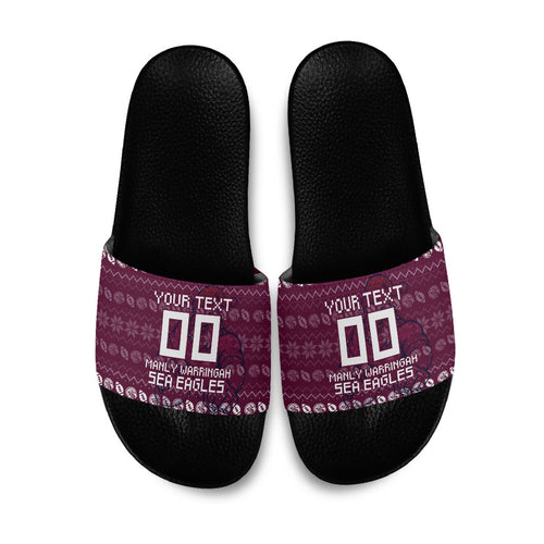 Personalized Sea Eagles Christmas Slide Sandals Australian Rugby Fans - Pixelated Ugly Xmas Pattern Mascot Santa