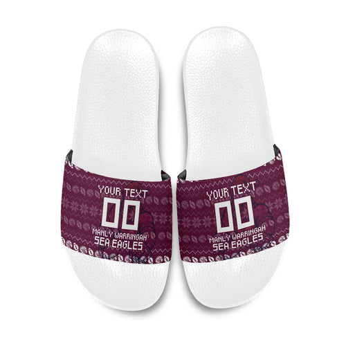Personalized Sea Eagles Christmas Slide Sandals Australian Rugby Fans - Pixelated Ugly Xmas Pattern Mascot Santa