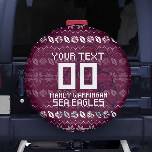 Personalized Sea Eagles Christmas Spare Tire Cover Australian Rugby Fans - Pixelated Ugly Xmas Pattern Mascot Santa