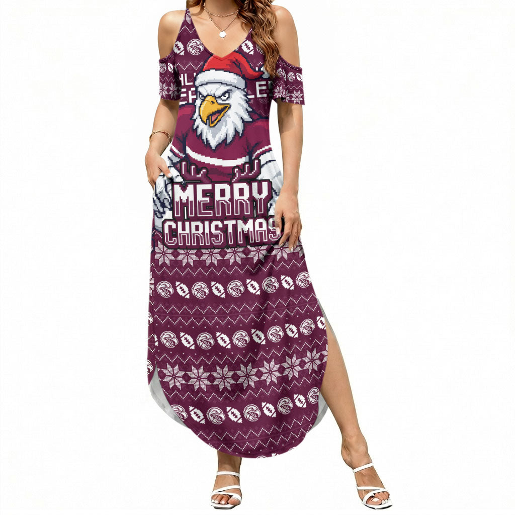 Personalized Sea Eagles Christmas Summer Maxi Dress Australian Rugby Fans - Pixelated Ugly Xmas Pattern Mascot Santa