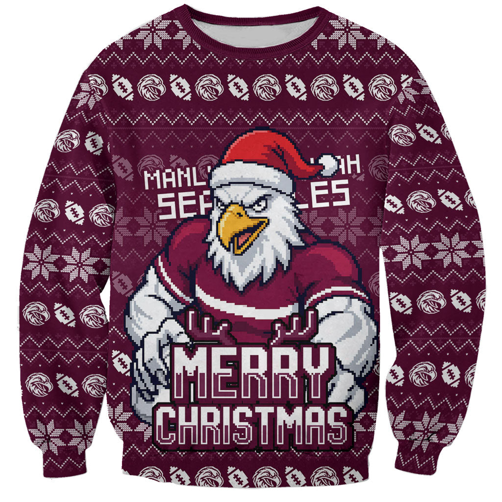 Personalized Sea Eagles Christmas Sweatshirt Australian Rugby Fans - Pixelated Ugly Xmas Pattern Mascot Santa