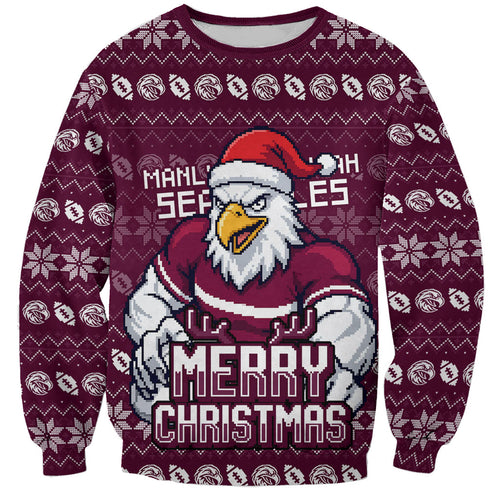 Personalized Sea Eagles Christmas Sweatshirt Australian Rugby Fans - Pixelated Ugly Xmas Pattern Mascot Santa