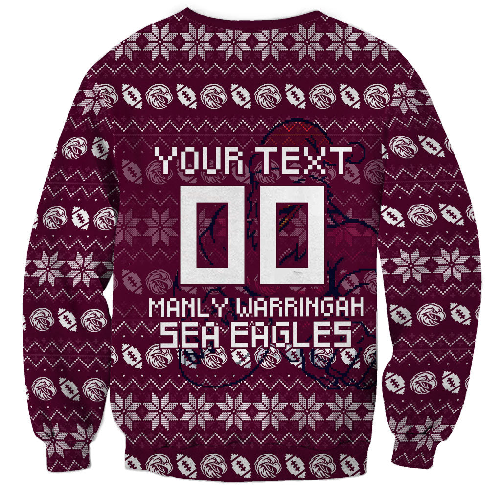 Personalized Sea Eagles Christmas Sweatshirt Australian Rugby Fans - Pixelated Ugly Xmas Pattern Mascot Santa