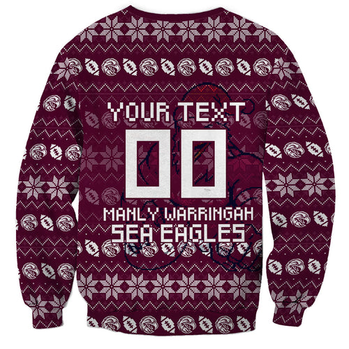 Personalized Sea Eagles Christmas Sweatshirt Australian Rugby Fans - Pixelated Ugly Xmas Pattern Mascot Santa