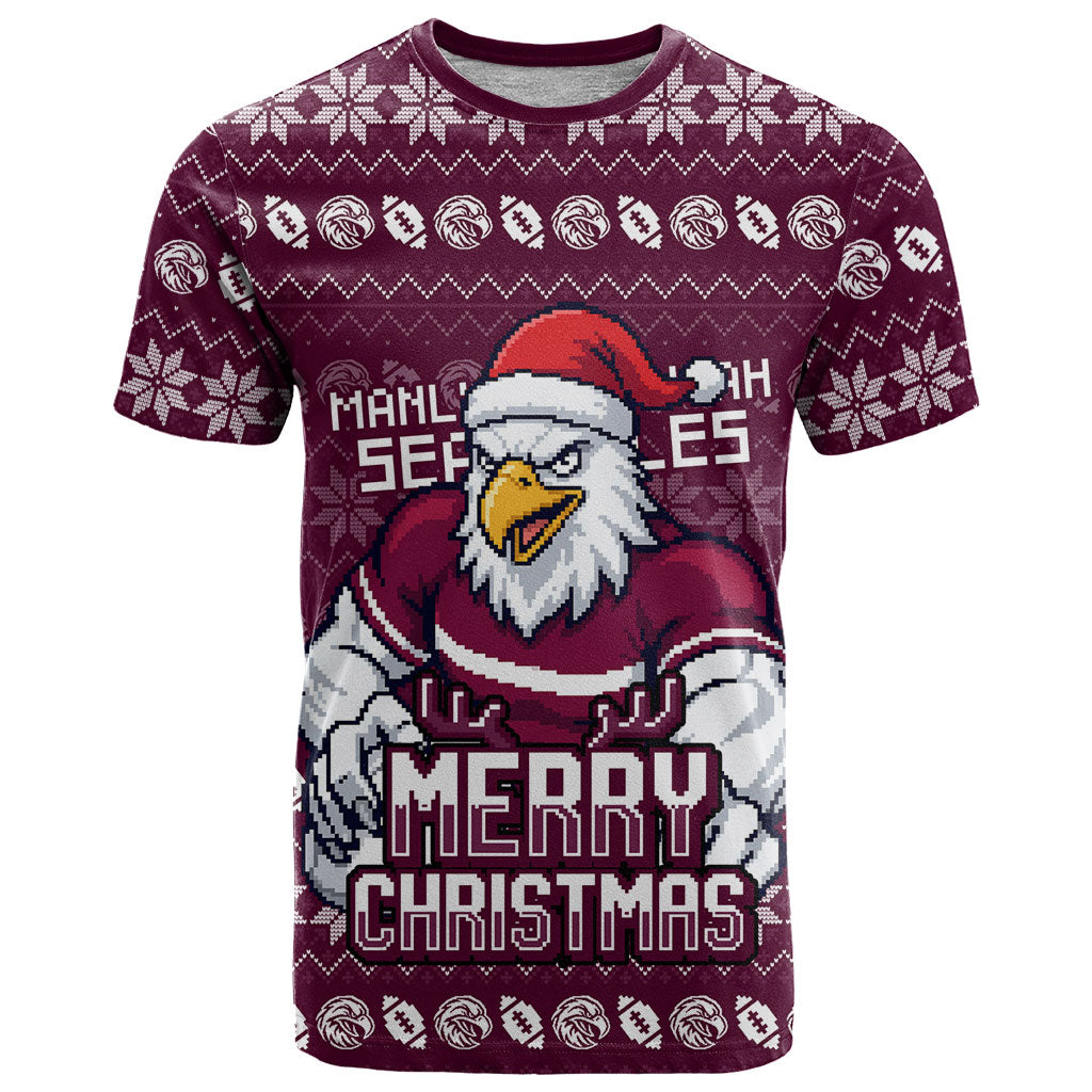 Personalized Sea Eagles Christmas T Shirt Australian Rugby Fans - Pixelated Ugly Xmas Pattern Mascot Santa