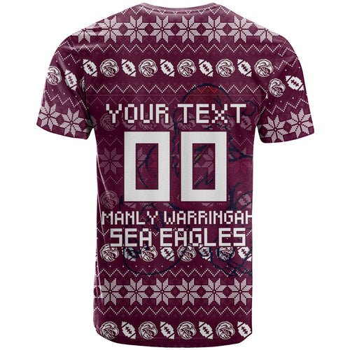 Personalized Sea Eagles Christmas T Shirt Australian Rugby Fans - Pixelated Ugly Xmas Pattern Mascot Santa