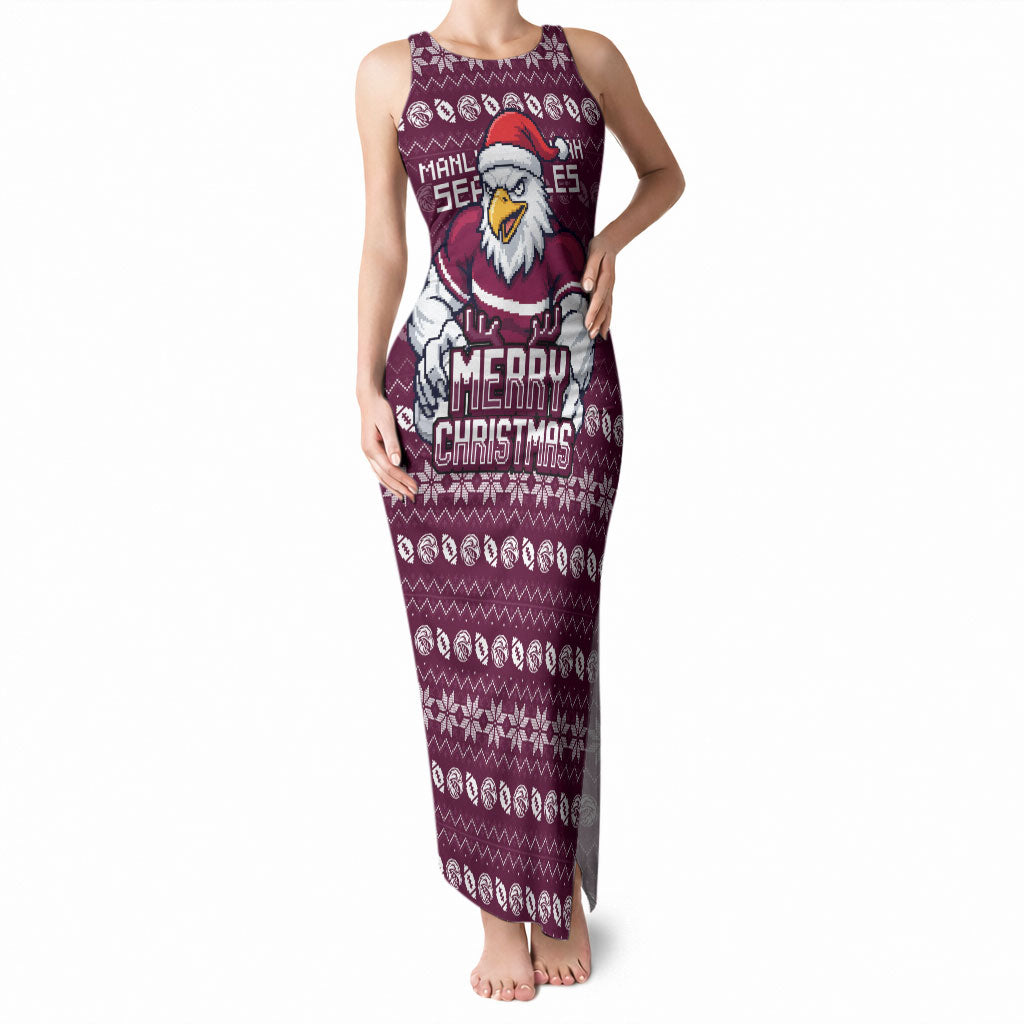 Personalized Sea Eagles Christmas Tank Maxi Dress Australian Rugby Fans - Pixelated Ugly Xmas Pattern Mascot Santa