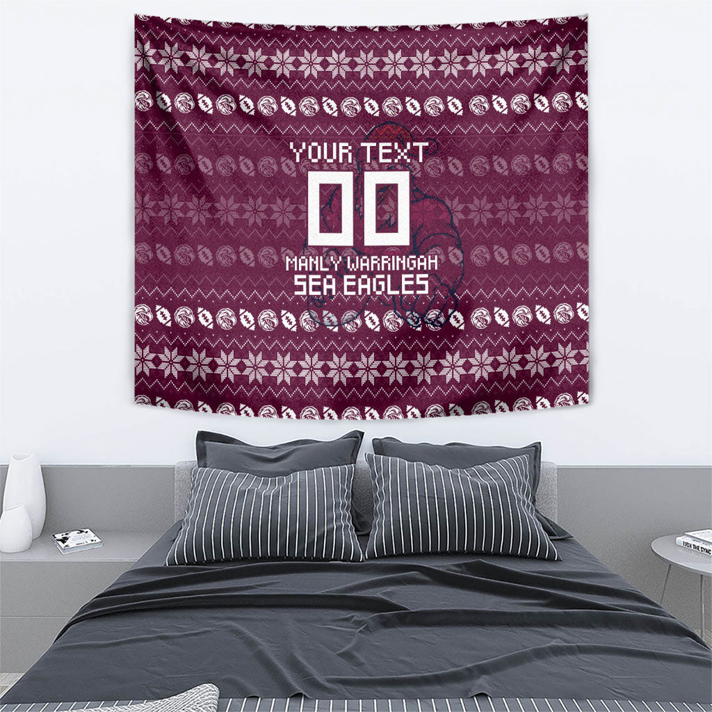 Personalized Sea Eagles Christmas Tapestry Australian Rugby Fans - Pixelated Ugly Xmas Pattern Mascot Santa