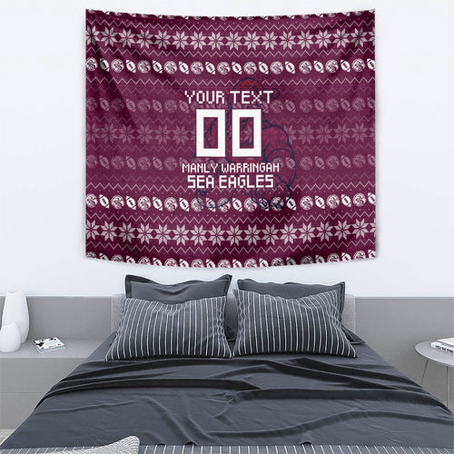 Personalized Sea Eagles Christmas Tapestry Australian Rugby Fans - Pixelated Ugly Xmas Pattern Mascot Santa