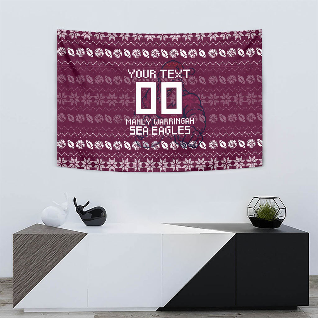 Personalized Sea Eagles Christmas Tapestry Australian Rugby Fans - Pixelated Ugly Xmas Pattern Mascot Santa