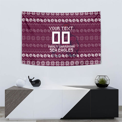 Personalized Sea Eagles Christmas Tapestry Australian Rugby Fans - Pixelated Ugly Xmas Pattern Mascot Santa