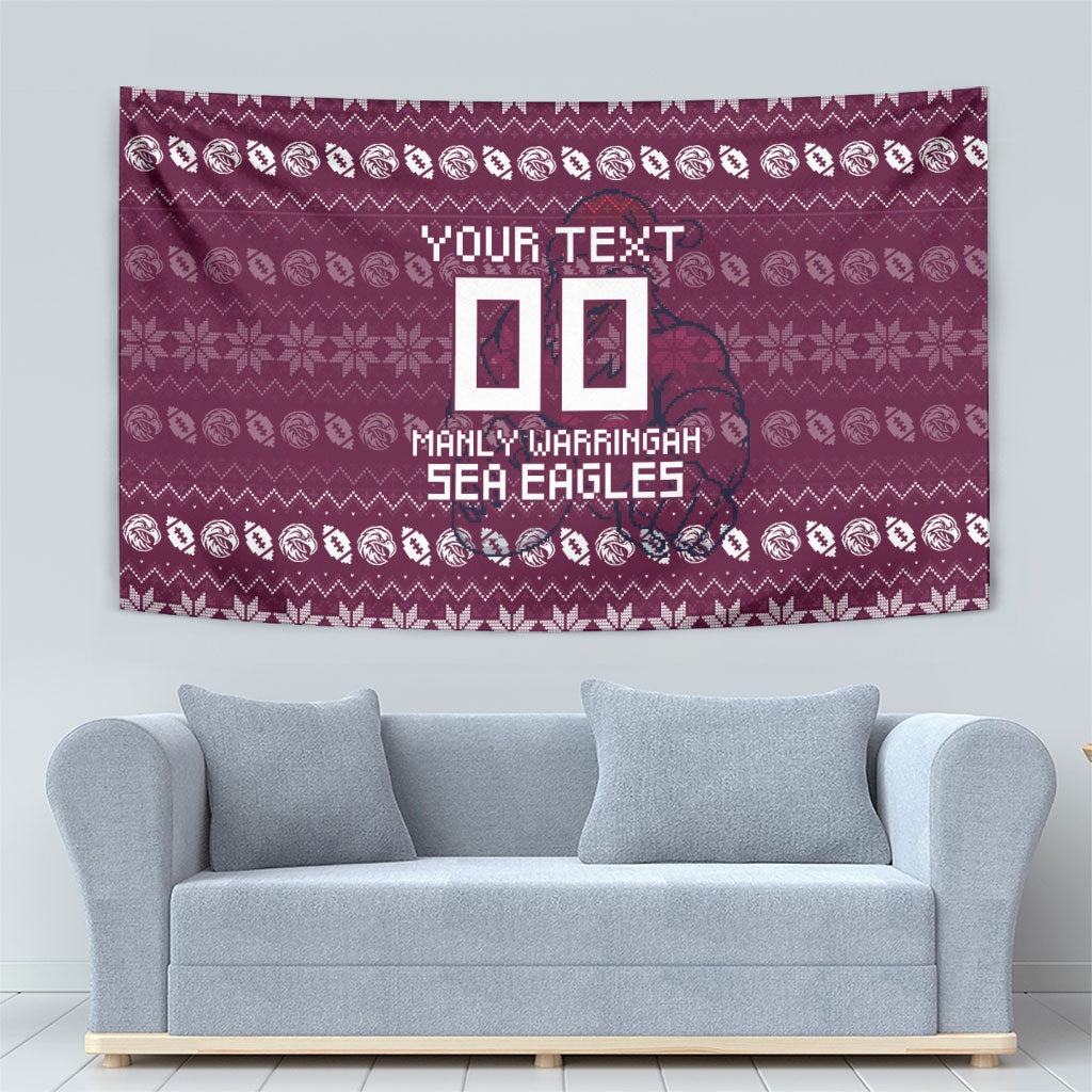 Personalized Sea Eagles Christmas Tapestry Australian Rugby Fans - Pixelated Ugly Xmas Pattern Mascot Santa