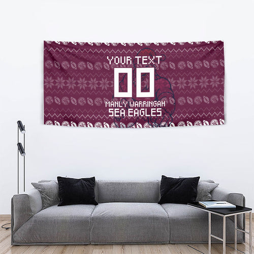 Personalized Sea Eagles Christmas Tapestry Australian Rugby Fans - Pixelated Ugly Xmas Pattern Mascot Santa