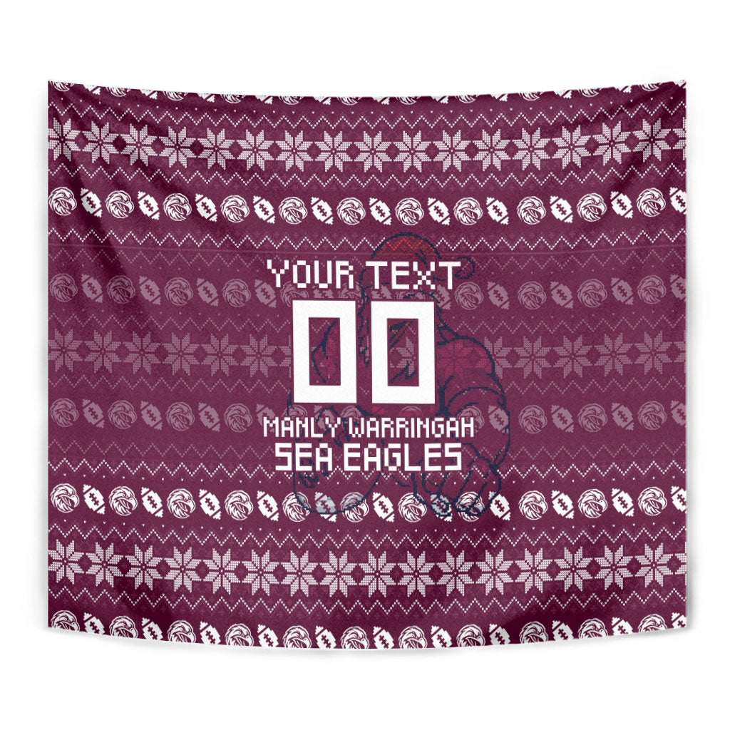 Personalized Sea Eagles Christmas Tapestry Australian Rugby Fans - Pixelated Ugly Xmas Pattern Mascot Santa