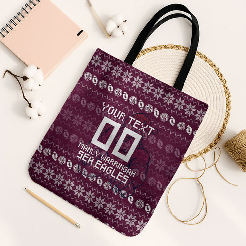 Personalized Sea Eagles Christmas Tote Bag Australian Rugby Fans - Pixelated Ugly Xmas Pattern Mascot Santa