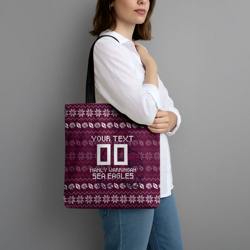 Personalized Sea Eagles Christmas Tote Bag Australian Rugby Fans - Pixelated Ugly Xmas Pattern Mascot Santa