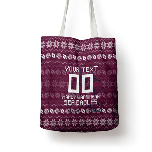 Personalized Sea Eagles Christmas Tote Bag Australian Rugby Fans - Pixelated Ugly Xmas Pattern Mascot Santa