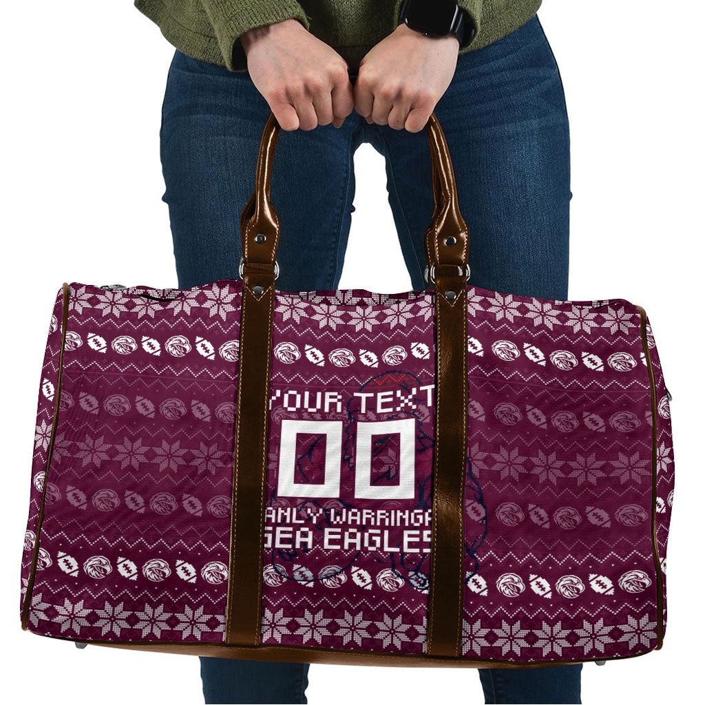 Personalized Sea Eagles Christmas Travel Bag Australian Rugby Fans - Pixelated Ugly Xmas Pattern Mascot Santa