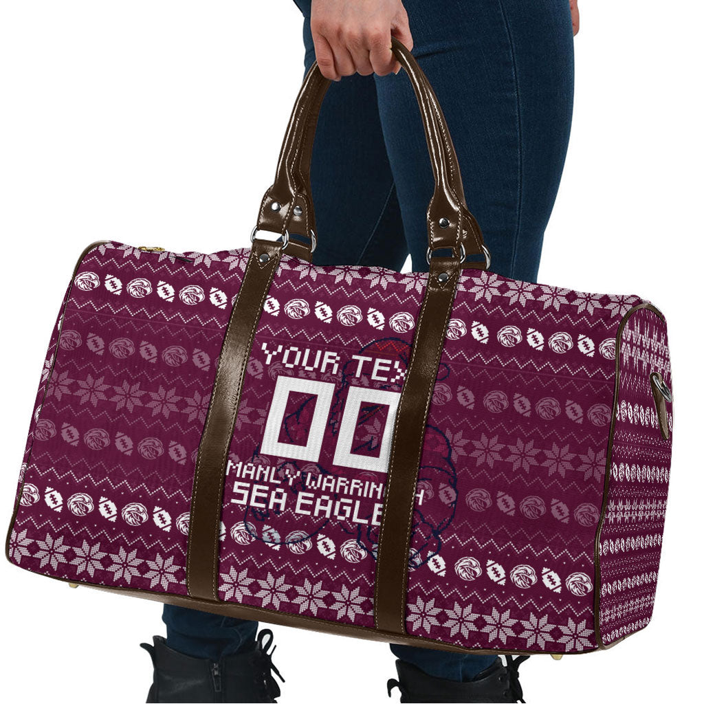 Personalized Sea Eagles Christmas Travel Bag Australian Rugby Fans - Pixelated Ugly Xmas Pattern Mascot Santa