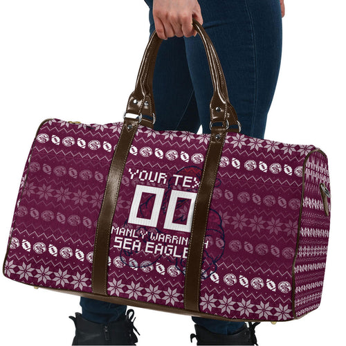 Personalized Sea Eagles Christmas Travel Bag Australian Rugby Fans - Pixelated Ugly Xmas Pattern Mascot Santa