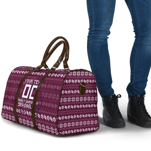 Personalized Sea Eagles Christmas Travel Bag Australian Rugby Fans - Pixelated Ugly Xmas Pattern Mascot Santa
