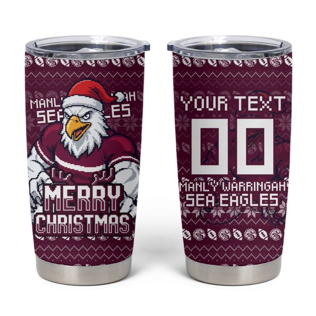 Personalized Sea Eagles Christmas Tumbler Cup Australian Rugby Fans - Pixelated Ugly Xmas Pattern Mascot Santa