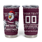 Personalized Sea Eagles Christmas Tumbler Cup Australian Rugby Fans - Pixelated Ugly Xmas Pattern Mascot Santa