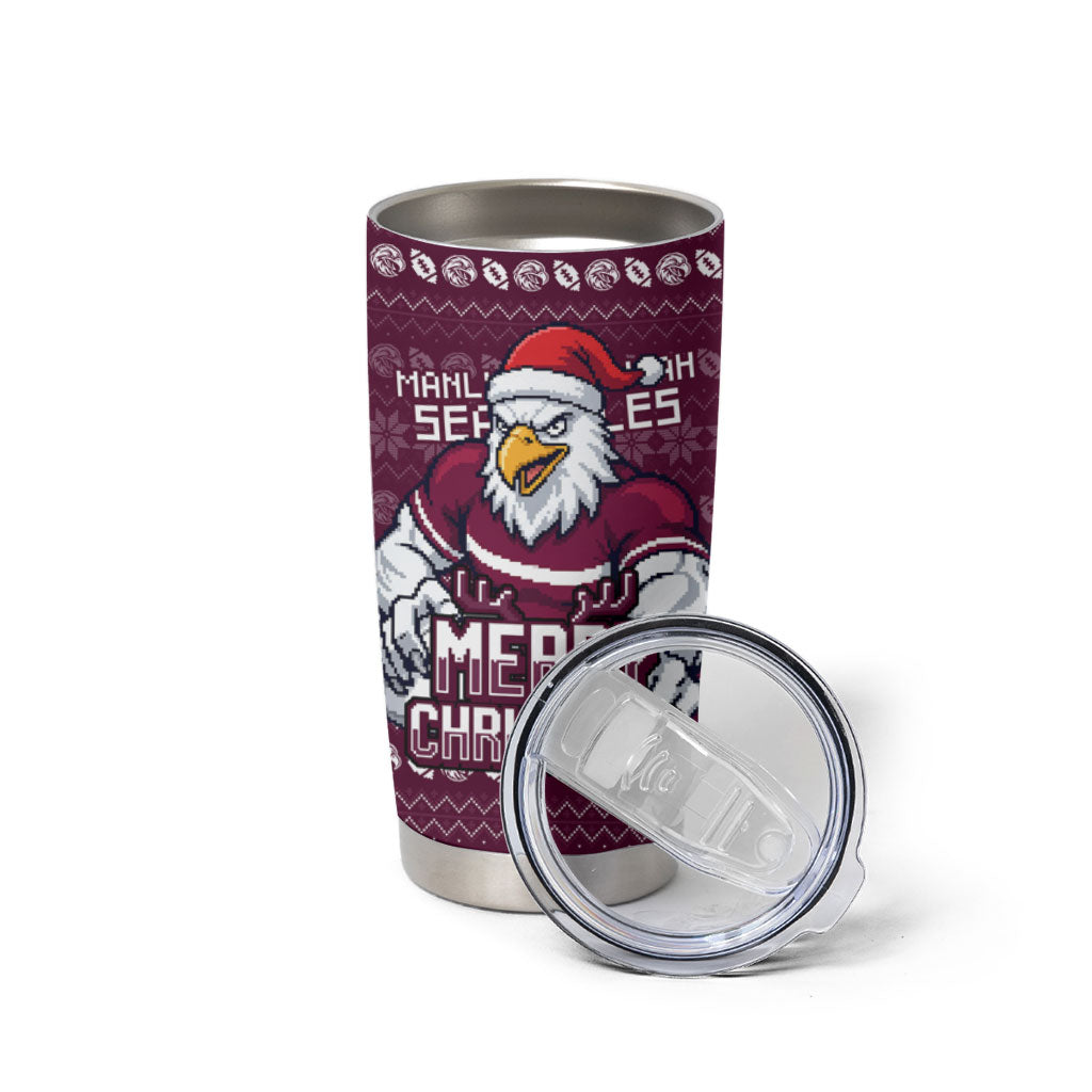 Personalized Sea Eagles Christmas Tumbler Cup Australian Rugby Fans - Pixelated Ugly Xmas Pattern Mascot Santa