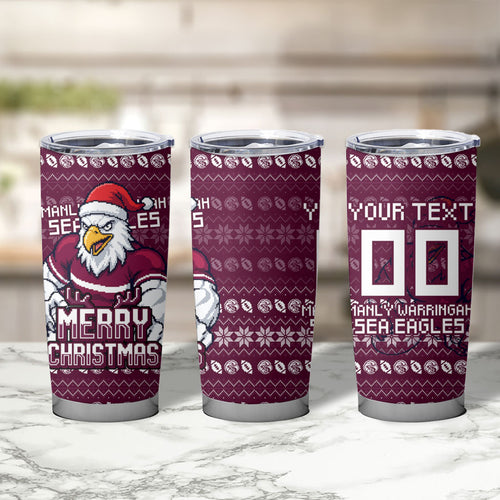 Personalized Sea Eagles Christmas Tumbler Cup Australian Rugby Fans - Pixelated Ugly Xmas Pattern Mascot Santa