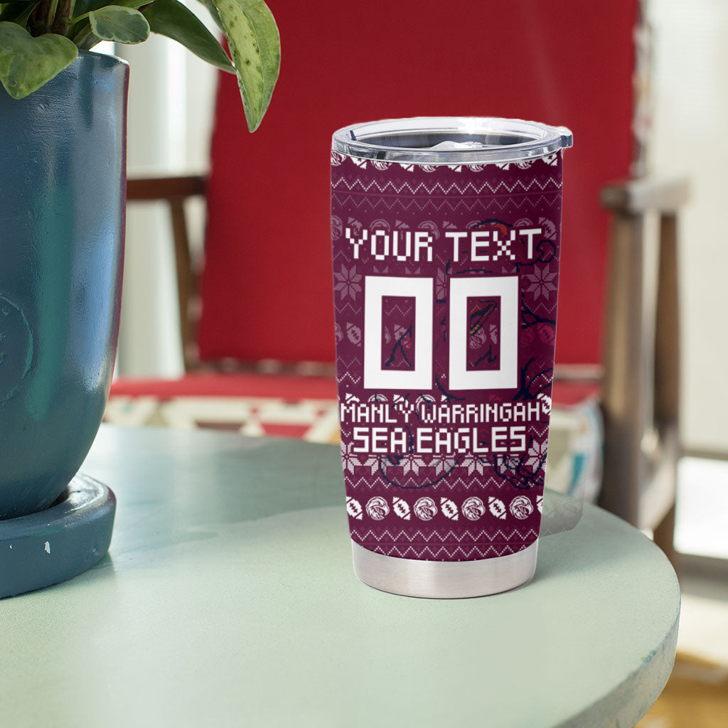 Personalized Sea Eagles Christmas Tumbler Cup Australian Rugby Fans - Pixelated Ugly Xmas Pattern Mascot Santa