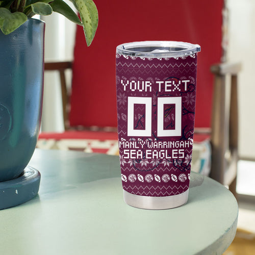 Personalized Sea Eagles Christmas Tumbler Cup Australian Rugby Fans - Pixelated Ugly Xmas Pattern Mascot Santa