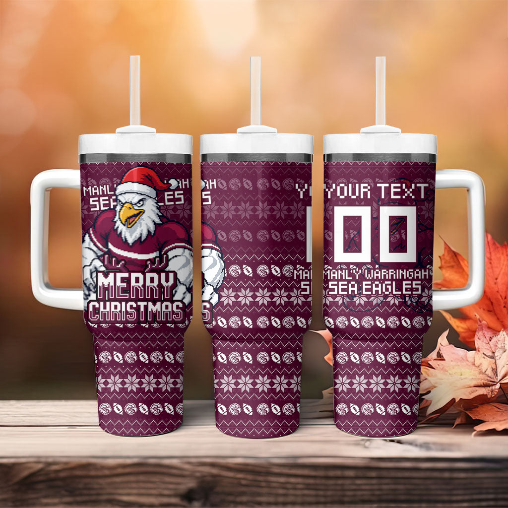 Personalized Sea Eagles Christmas Tumbler With Handle Australian Rugby Fans - Pixelated Ugly Xmas Pattern Mascot Santa