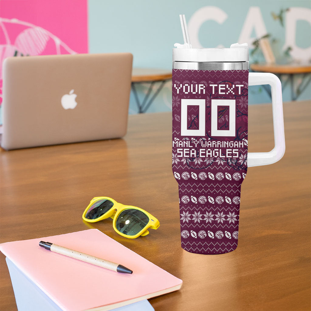 Personalized Sea Eagles Christmas Tumbler With Handle Australian Rugby Fans - Pixelated Ugly Xmas Pattern Mascot Santa