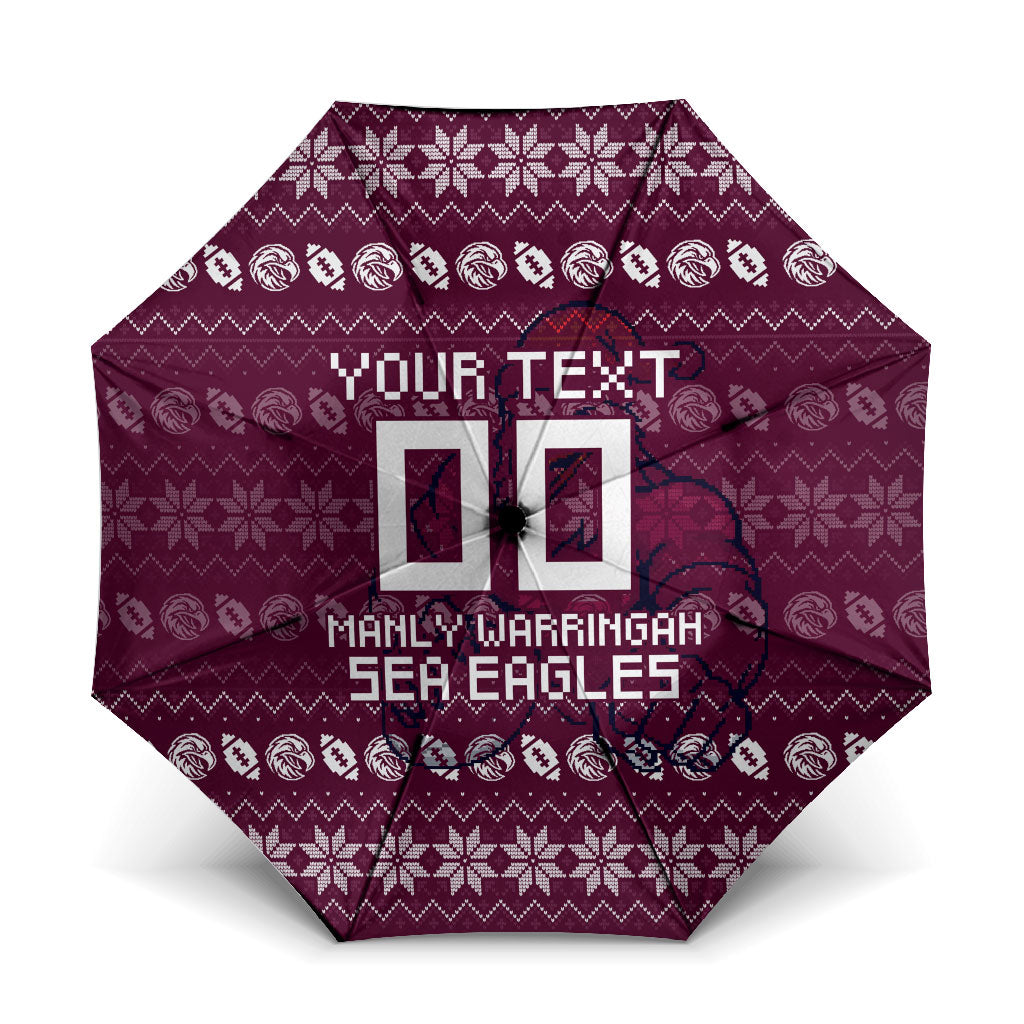 Personalized Sea Eagles Christmas Umbrella Australian Rugby Fans - Pixelated Ugly Xmas Pattern Mascot Santa