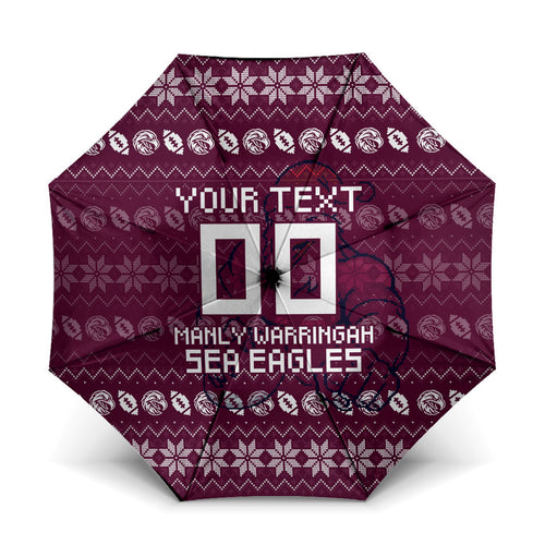 Personalized Sea Eagles Christmas Umbrella Australian Rugby Fans - Pixelated Ugly Xmas Pattern Mascot Santa