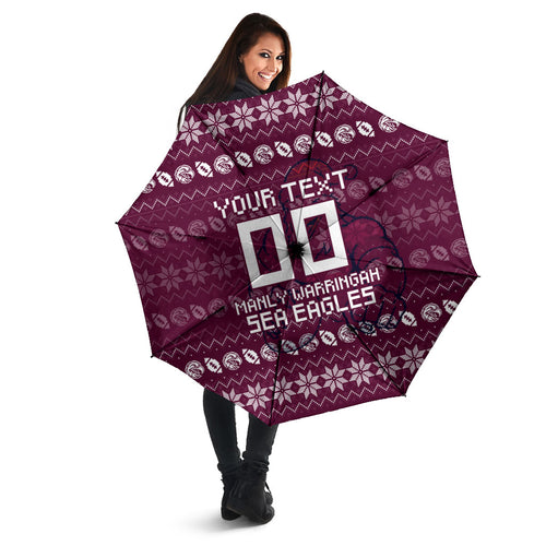 Personalized Sea Eagles Christmas Umbrella Australian Rugby Fans - Pixelated Ugly Xmas Pattern Mascot Santa