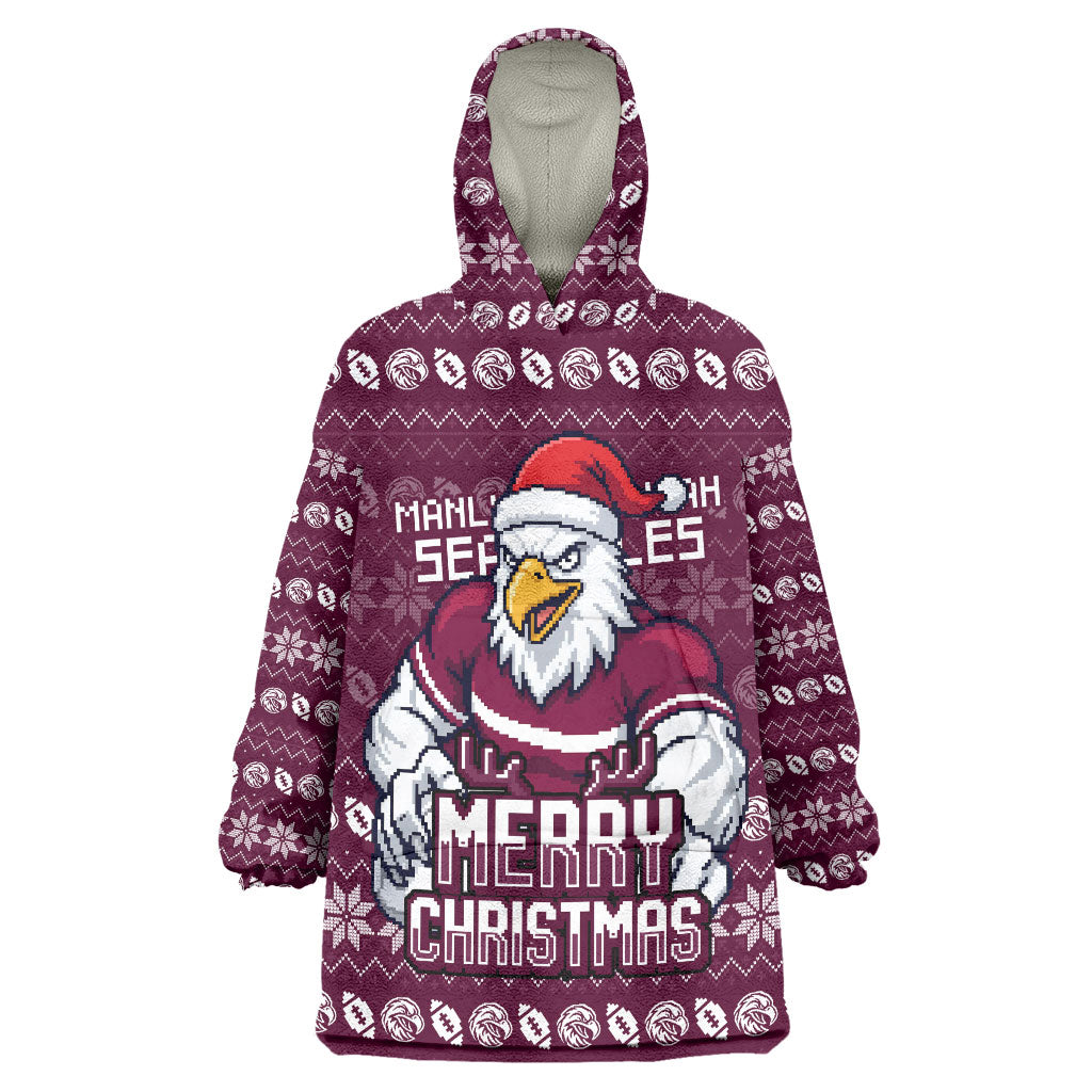 Personalized Sea Eagles Christmas Wearable Blanket Hoodie Australian Rugby Fans - Pixelated Ugly Xmas Pattern Mascot Santa