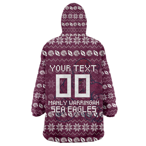Personalized Sea Eagles Christmas Wearable Blanket Hoodie Australian Rugby Fans - Pixelated Ugly Xmas Pattern Mascot Santa