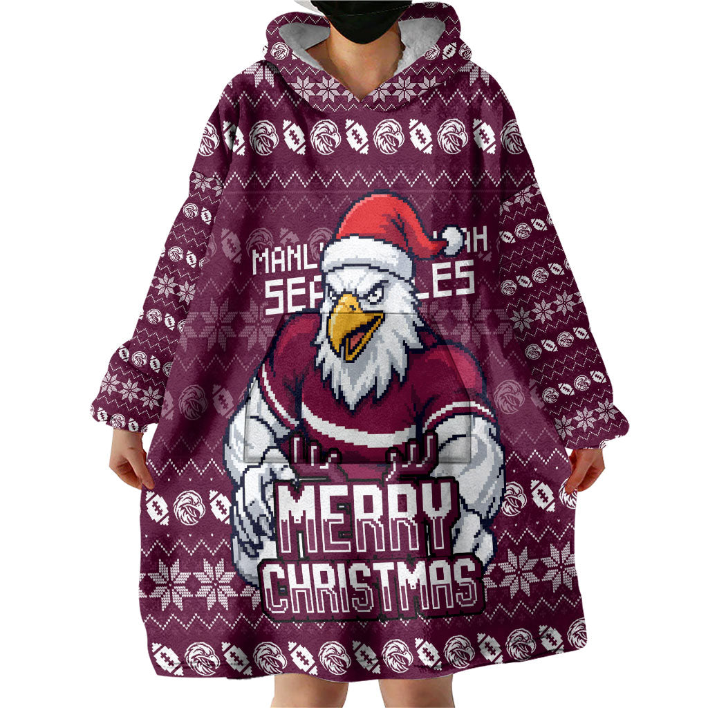 Personalized Sea Eagles Christmas Wearable Blanket Hoodie Australian Rugby Fans - Pixelated Ugly Xmas Pattern Mascot Santa