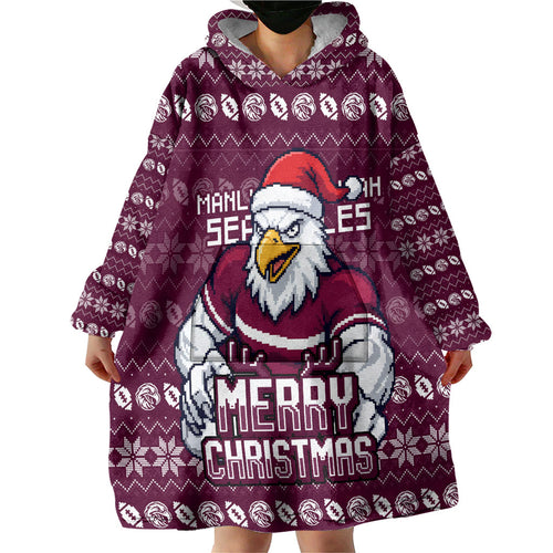 Personalized Sea Eagles Christmas Wearable Blanket Hoodie Australian Rugby Fans - Pixelated Ugly Xmas Pattern Mascot Santa